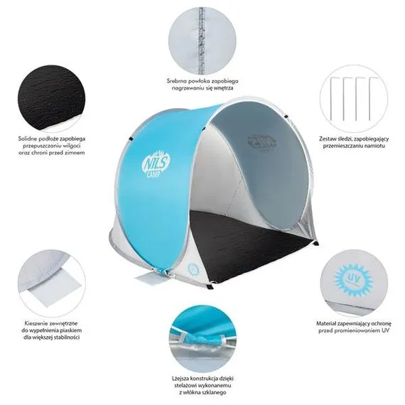 NILS NC3173 Niebiesko-Szary Namiot Plażowy Samorozkładający Podłoga Camp, 21 zdjęcie