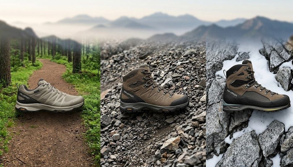 Porównanie trzech rodzajów butów trekkingowych na rok 2026: niskie buty turystyczne na leśnej ścieżce, buty MID na kamienistym szlaku i wysokie buty wysokogórskie na śniegu. Porównanie trzech rodzajów butów trekkingowych na rok 2026: niskie buty turystyczne na leśnej ścieżce, buty MID na kamienistym szlaku i wysokie buty wysokogórskie na śniegu.