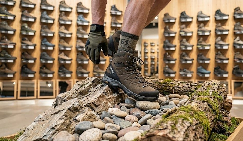 Turysta w skarpetach trekkingowych testuje dopasowanie wysokich butów górskich na specjalnej rampie z różnym podłożem w profesjonalnym sklepie outdoorowym. Turysta w skarpetach trekkingowych testuje dopasowanie wysokich butów górskich na specjalnej rampie z różnym podłożem w profesjonalnym sklepie outdoorowym.