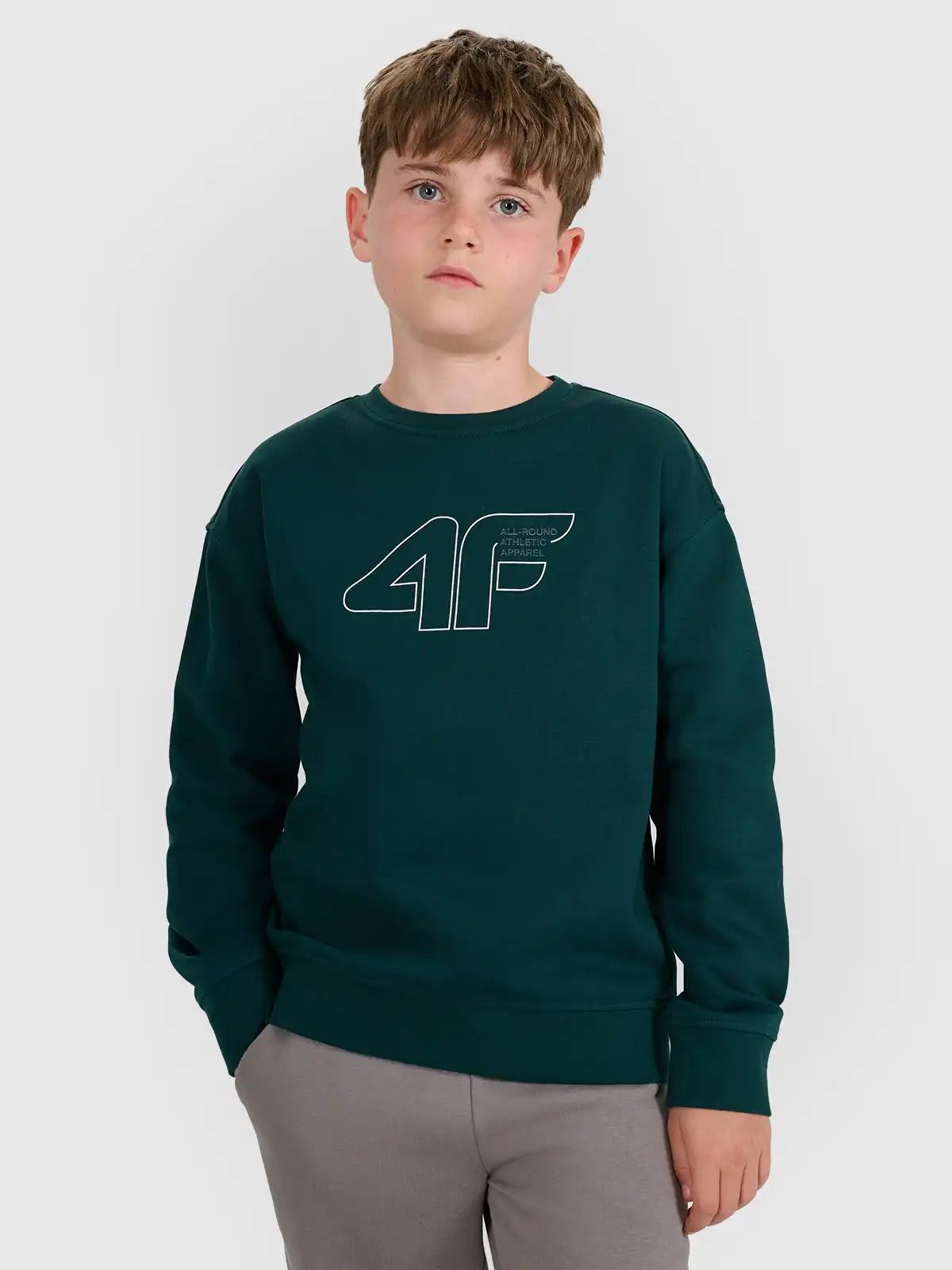 4F bluza dresowa chłopięca bez kaptura 4FWAW25TSWSM1960 zielony (164)