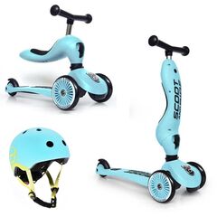 SCOOTANDRIDE hulajnoga Highwaykick 1 + kask regulowany jeździk dla dziecka zestaw 2w1, Kolor: niebieski