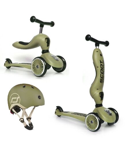 SCOOTANDRIDE hulajnoga Highwaykick 1 + kask regulowany jeździk dla dziecka zestaw 2w1, Kolor: khaki