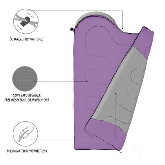 NILS CAMP śpiwór turystyczny typu kołdra z kapturem 215x75cm NC2008 fioletowy, Kolor: fioletowy, Waga: 0,8, Rozmiar: M, 2 zdjęcie