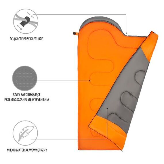 NILS CAMP śpiwór turystyczny typu kołdra z kapturem 215x75cm NC2008 pomarańczowy, Kolor: szaro-pomarańczowy, Waga: 1,1, Rozmiar: L, 2 zdjęcie