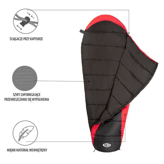 NILS CAMP śpiwór turystyczny 220x80cm kempingowy typu mumia NC2012 czarwono-czarny, Kolor: czarno-czerwony, Waga: 1,1, 2 zdjęcie