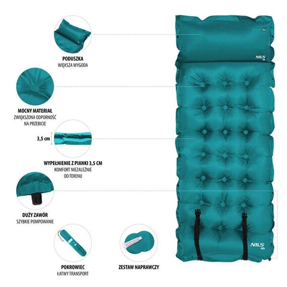 NILS CAMP mata samopompująca turystyczna z poduszką NC4018 zielona, Kolor: morski, Waga: 1, 3 zdjęcie