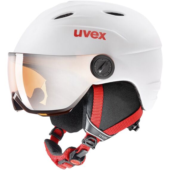 UVEX Kask dziecięcy Junior z wizjerem Visor Pro, Kolor: biały, Rozmiar: 54-55