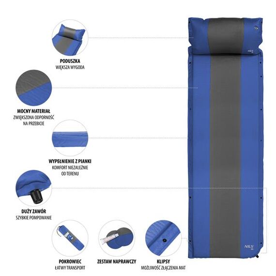 NILS CAMP mata samopompująca turystyczna z poduszka NC4349 granatowa, Kolor: niebiesko-szary, Waga: 1, 3 zdjęcie