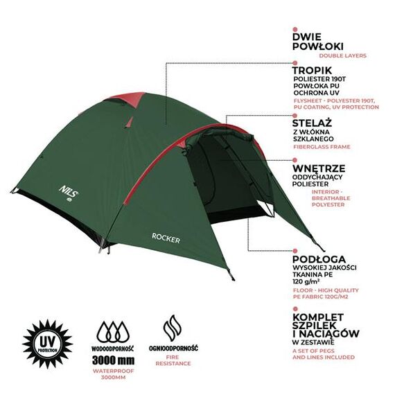 NILS CAMP NC6013 ZIELONO-CZERWONY NAMIOT KEMPINGOWY ROCKER, 8 zdjęcie