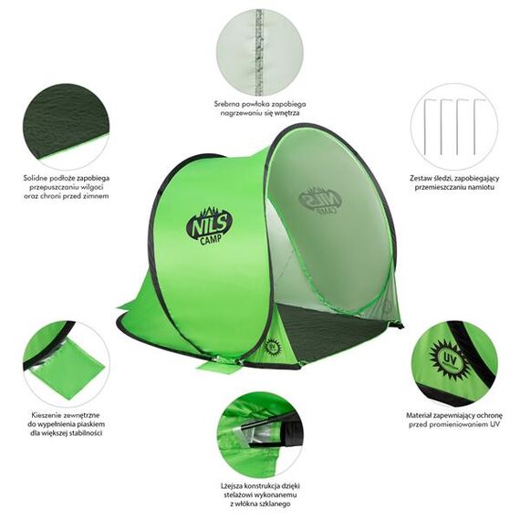 NILS NC3173 ZIELONY NAMIOT PLAŻOWY SAMOROZKŁADAJĄCY PODŁOGA CAMP, 5 zdjęcie