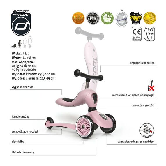 SCOOTANDRIDE Highwaykick 1 2w1 Jeździk i hulajnoga 1-5 lat różowa