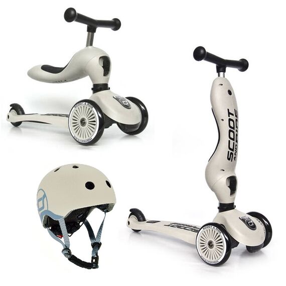 SCOOTANDRIDE hulajnoga Highwaykick 1 + kask regulowany jeździk dla dziecka zestaw 2w1, Kolor: szary