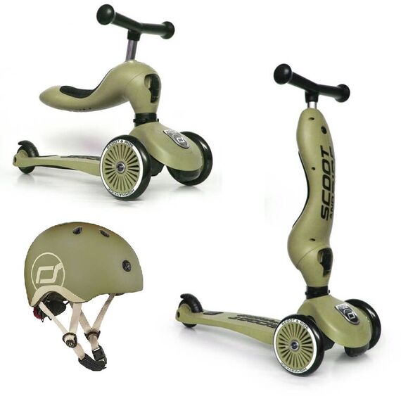 SCOOTANDRIDE hulajnoga Highwaykick 1 + kask regulowany jeździk dla dziecka zestaw 2w1, Kolor: khaki