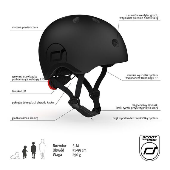 SCOOTANDRIDE Kask S-M dla dzieci 3+ czarny, Kolor: czarny, Rozmiar: S-M, 8 zdjęcie