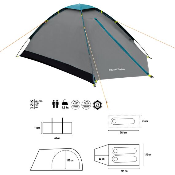 NILS CAMP namiot turystyczny 2 osobowy NIGHTFALL NC6033 szary, Kolor: szary, 3 zdjęcie