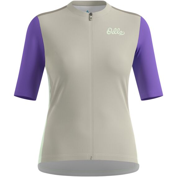Koszulka rowerowa damska Odlo ESSENTIAL HERITAGE PRINT T-shirt s/u collar s/s full zip szara, Kolor: szary, Rozmiar: S