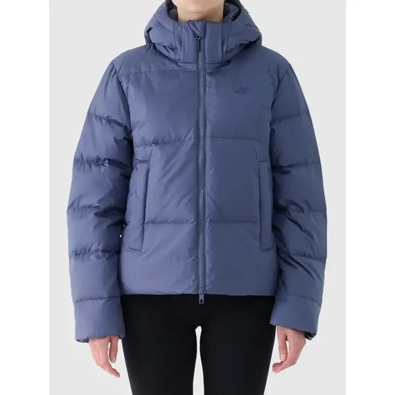 4F kurtka damska zimowa puchowa z kapturem 4FWAW25TDJAF594 granatowa