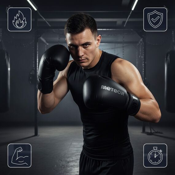 Rękawice bokserskie Meteor treningowe, rzep, PU, Kolor: czarny, Rozmiar: 12, 2 zdjęcie