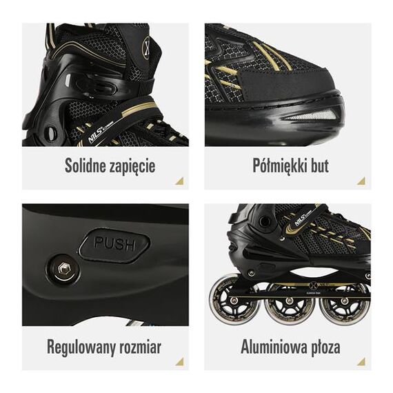 NILS EXTREME rolki damskie regulowane z kauczukowymi kołami NA1128 czarne/złote, Kolor: złoty, Rozmiar: 43-45, 3 zdjęcie