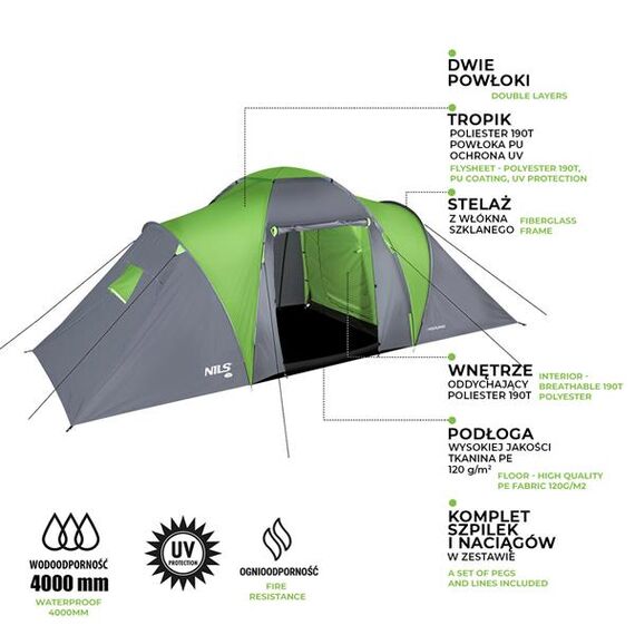 NILS CAMP namiot turystyczny z przedsionkiem rodzinny NC6031 HIGHLAND, Kolor: zielony, 11 zdjęcie