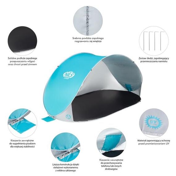 NILS NC3174 Turkusowo-Szary Namiot Plażowy Samorozkładający Podłoga, 8 zdjęcie