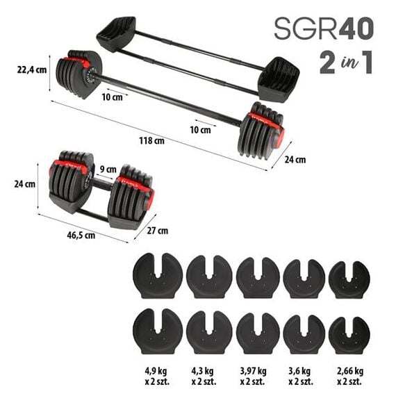 SGR40 Pro Set 2W1 Zestaw Regulowanych Sztangielek 43,5 Kg HMS, 9 zdjęcie