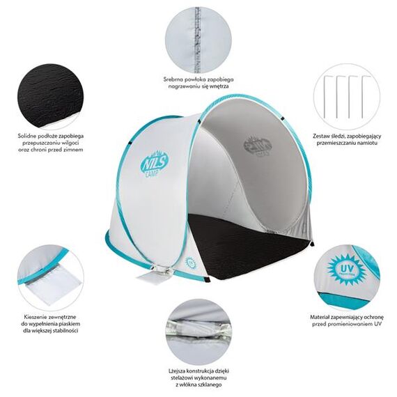 NILS NC3173 Szaro-Turkusowy Namiot Plażowy Samorozkładający Podłoga Camp, 21 zdjęcie
