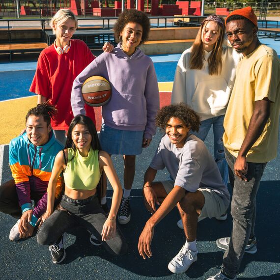 Piłka do koszykówki dziecięca treningowa Meteor What's Up niebieska, Kolor: pomarańczowy/beżowy, Waga: 0.50, Rozmiar: 6, 9 zdjęcie